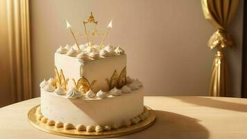 een viering van genot met een elegant verjaardag taart gouden ai gegenereerd foto