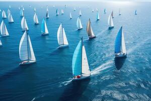 mooi zeilboten het zeilen in een team Aan een zee van blauw duidelijkheid was gevangen genomen door een antenne dar ai generatief foto