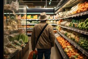 een Mens boodschappen doen voor boodschappen in een supermarkt kruidenier op te slaan ai generatief foto