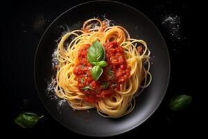 heerlijk bord van spaghetti met tomaat saus, top visie, donker achtergrond.ai generatief foto