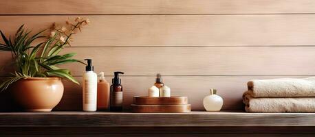 kunstmatig producten geregeld Aan een badkamer plank divers crèmes toner en gel foto