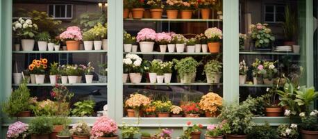 ingemaakt bloemen weergegeven in een winkel s venster foto