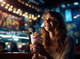 gelukkig jong vrouw aan het kijken film in haar keuken Bij huis met popcorn foto