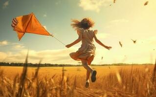 een meisje rennen Aan een veld- met een vlieger vliegend foto