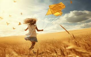 een meisje rennen Aan een veld- met een vlieger vliegend foto
