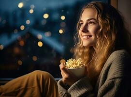 gelukkig jong vrouw aan het kijken film in haar keuken Bij huis met popcorn foto