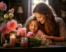 gelukkig mam en dochter sharing sommige bloemen Aan bankstel in de huis foto