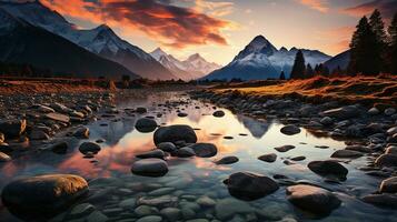 mooi landschap met hoog rivier- en rood zonlicht in zonsopkomst. gemaakt met generatief ai foto