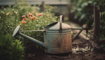 groen bladeren en bloemen toenemen in een rustiek tuin weide gegenereerd door ai foto