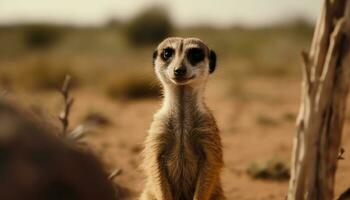 schattig meerkat staan, alert, aan het kijken, natuur schoonheid in dieren in het wild reserveren gegenereerd door ai foto