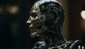 futuristische robot cyborg, een metalen portret van een jong volwassen gegenereerd door ai foto