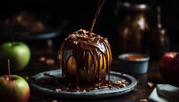 chocola nagerecht, fruit tussendoortje, eigengemaakt snoep, toegeeflijkheid bord, gezond bakken gegenereerd door ai foto