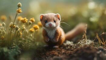 schattig klein katje zittend in gras, op zoek Bij camera speels gegenereerd door ai foto