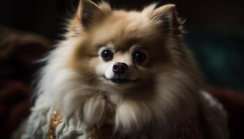 schattig klein puppy zittend buitenshuis, pluizig vacht, speels en glimlachen gegenereerd door ai foto