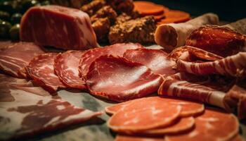 versheid en overvloed van fijnproever vlees Aan rustiek houten tafel gegenereerd door ai foto