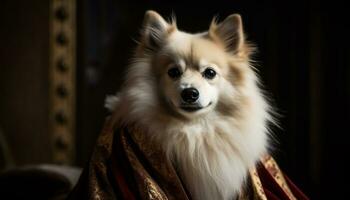 schattig puppy portret, klein en pluizig, zittend en op zoek Bij camera gegenereerd door ai foto