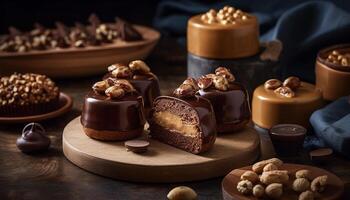 eigengemaakt donker chocola toetje Aan rustiek hout tafel, toegeeflijk en aanlokkelijk gegenereerd door ai foto