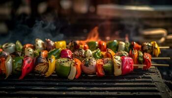 gegrild barbecue vlees en groenten Aan een steenkool ontslagen rooster gegenereerd door ai foto