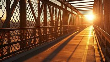 zonsondergang silhouet modern brug, staal kader, verdwijnen punt, verlichte door zonlicht gegenereerd door ai foto