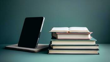 stack van boeken Aan een bureau in een bibliotheek, Nee mensen gegenereerd door ai foto