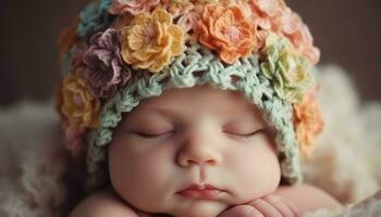 schattig baby jongen en meisje slapen, verpakt in zacht breien hoeden gegenereerd door ai foto