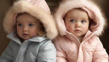 schattig baby jongen en meisje lachend, spelen buitenshuis in winter gegenereerd door ai foto