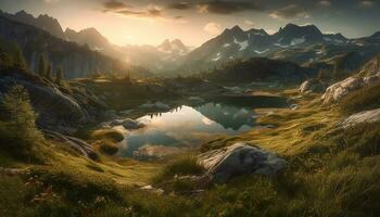 majestueus berg top weerspiegelt in rustig vijver, omringd door wildernis gegenereerd door ai foto