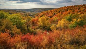 herfst Woud, geel bladeren, levendig kleuren, rustig weide, panoramisch lucht gegenereerd door ai foto