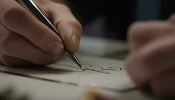 een zakenman hand- tekens een geslaagd document met een pen gegenereerd door ai foto