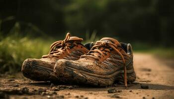 vuil oud wandelen laarzen sjokken door modderig herfst Woud gegenereerd door ai foto