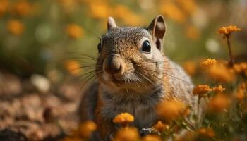 schattig zoogdier zittend in gras, aan het eten, op zoek Bij camera gegenereerd door ai foto