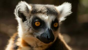 schattig lemur primaat staren, dichtbij omhoog, natuur, gestreept, tropisch regenwoud gegenereerd door ai foto