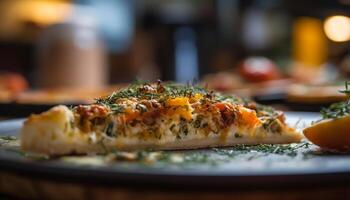 vers gekookt fijnproever maaltijd Aan een rustiek houten tafel, klaar naar eten gegenereerd door ai foto