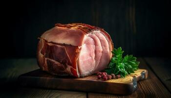gerookt varkensvlees plak Aan rustiek houten tafel, heerlijk delicatessen gegenereerd door ai foto