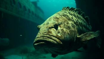 majestueus onderwater- schepsel zwemmen in de diep, op zoek Bij camera gegenereerd door ai foto
