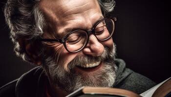 glimlachen senior Mens met grijs haar- lezing boek, uitstralend wijsheid gegenereerd door ai foto