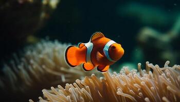 clown vis zwemmen in levendig rif, presentatie van natuurlijk schoonheid gegenereerd door ai foto