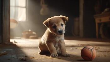 schattig klein puppy spelen met speelgoed, op zoek Bij camera binnenshuis gegenereerd door ai foto