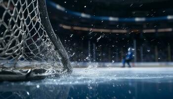 mannen in blauw concurreren in ijs het schaatsen, beweging Aan ijs baan gegenereerd door ai foto