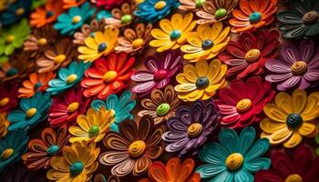 abstract natuur illustratie met multi gekleurde bloemen, schattig madeliefjes, en groen bladeren gegenereerd door ai foto