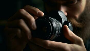 jong volwassen fotograaf Holding camera, scherpstellen Aan voorgrond met expertise gegenereerd door ai foto