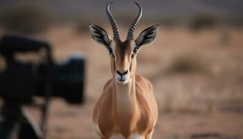 Impala staand in de wildernis, op zoek Bij camera, portret gegenereerd door ai foto