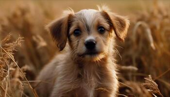 schattig puppy zittend Aan gras, op zoek Bij camera met vreugde gegenereerd door ai foto