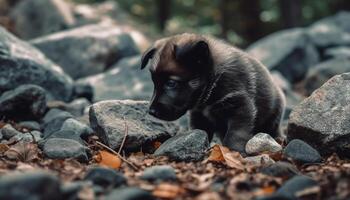 schattig puppy spelen in de gras, natuur rasecht schoonheid gegenereerd door ai foto