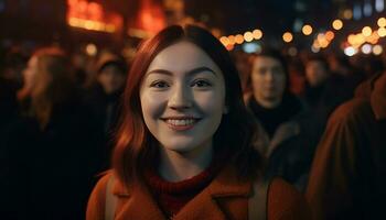 glimlachen Dames in nacht, jong volwassenen vrolijk in stad nachtleven gegenereerd door ai foto