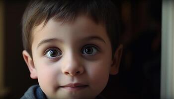 schattig kind portret, een jongen, Kaukasisch, dichtbij omhoog, onschuld, glimlachen gegenereerd door ai foto