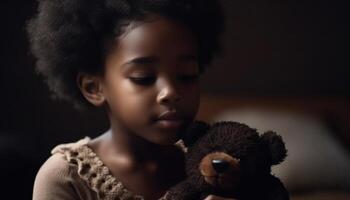 een schattig Afrikaanse meisje lachend, Holding een teddy beer binnenshuis gegenereerd door ai foto