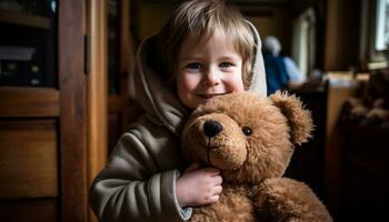 een schattig kind met een teddy beer, glimlachen en gelukkig gegenereerd door ai foto