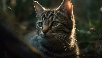 schattig katje zittend in gras, staren met nieuwsgierig geel ogen gegenereerd door ai foto