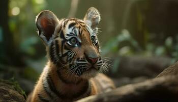 tijger, gestreept katachtig in natuur, bedreigd soorten, schattig dier hoofd gegenereerd door ai foto